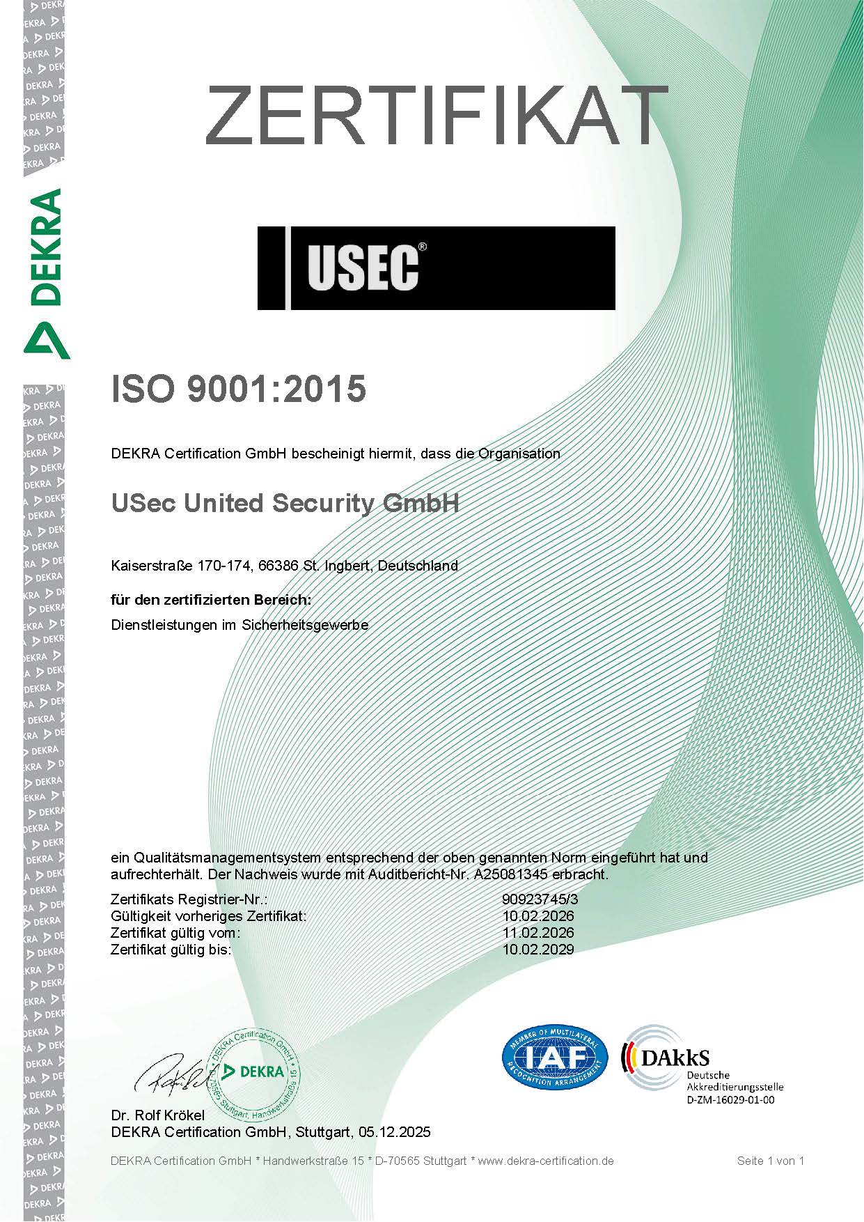 DEKRA Zertifikat ISO 9001 2026 2029