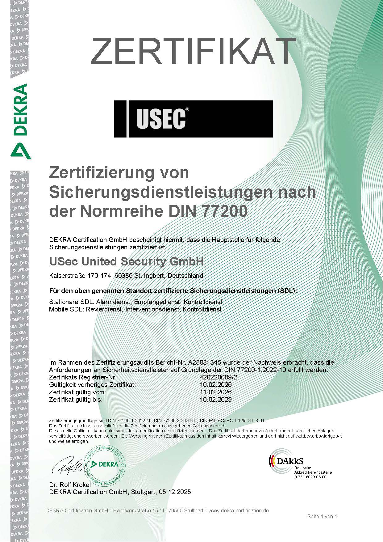 DEKRA Zertifikat DIN 77200 1 2026 2029